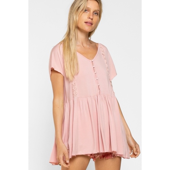 POL Pink Rayon V Neck Half Button Short Sleeve Babydoll Tunic Top - Picture 6 of 7